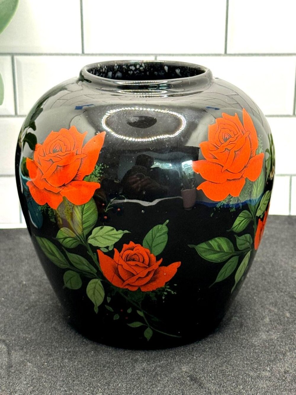 Black Ceramic Vase With Red Rose Floral Design